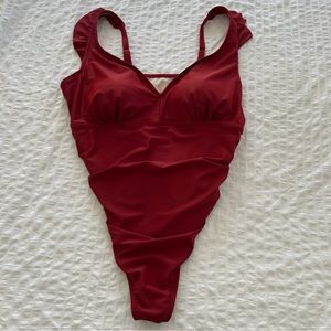 Kona Sol Ruffle Shoulder High Coverage One Piece Swimsuit in Deep Red, 24W